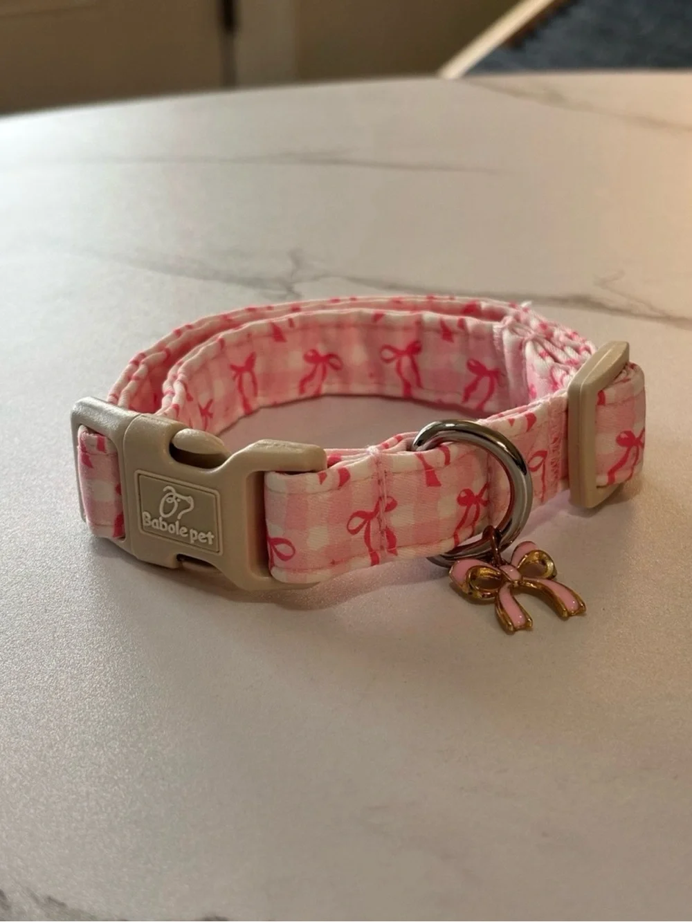 Pink Bow-Print Adjustable Dog Collar with Charm